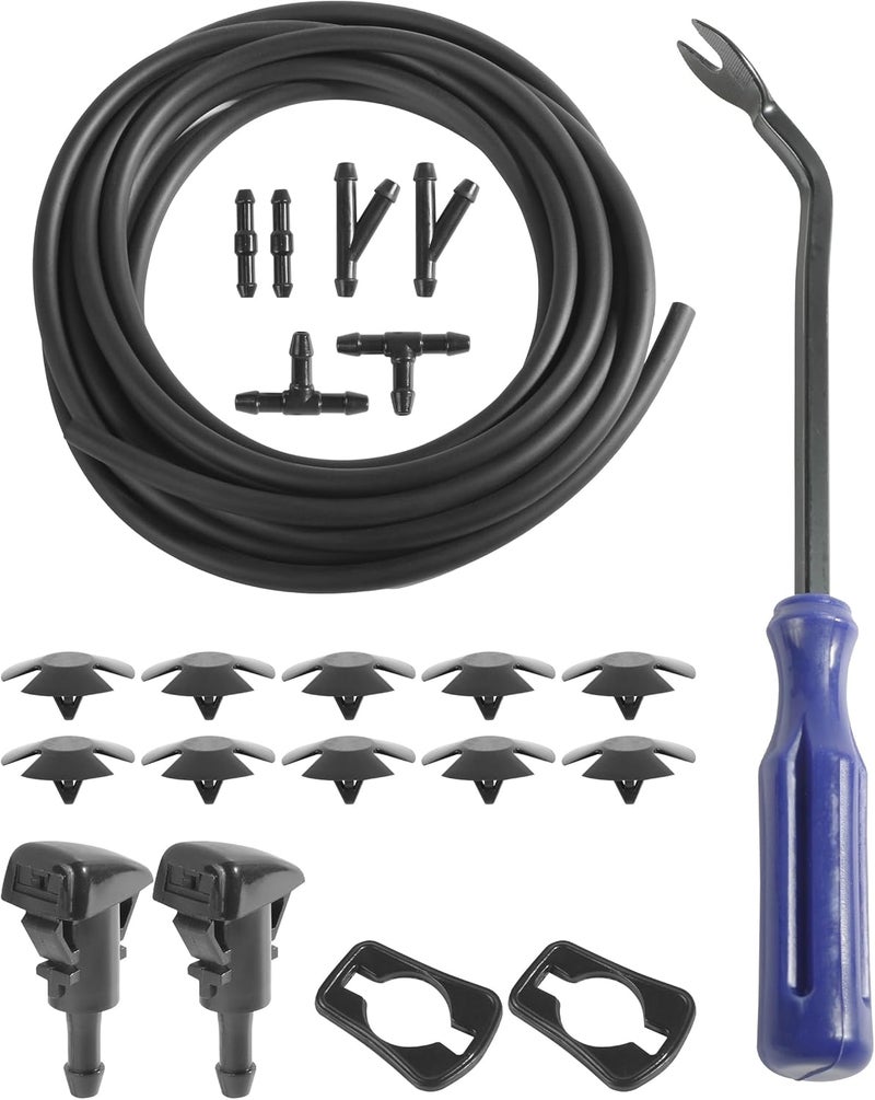 UBOG 22PCS Windshield Washer Hose Kit,13FT Washer Fluid Hose,6 PCS Hose Connectors,2 Fan Nozzles,Car Accessories Windshield Fluid Hose Replacement,Suitable for Most Car Windshield Fluid Tubing - Image 1